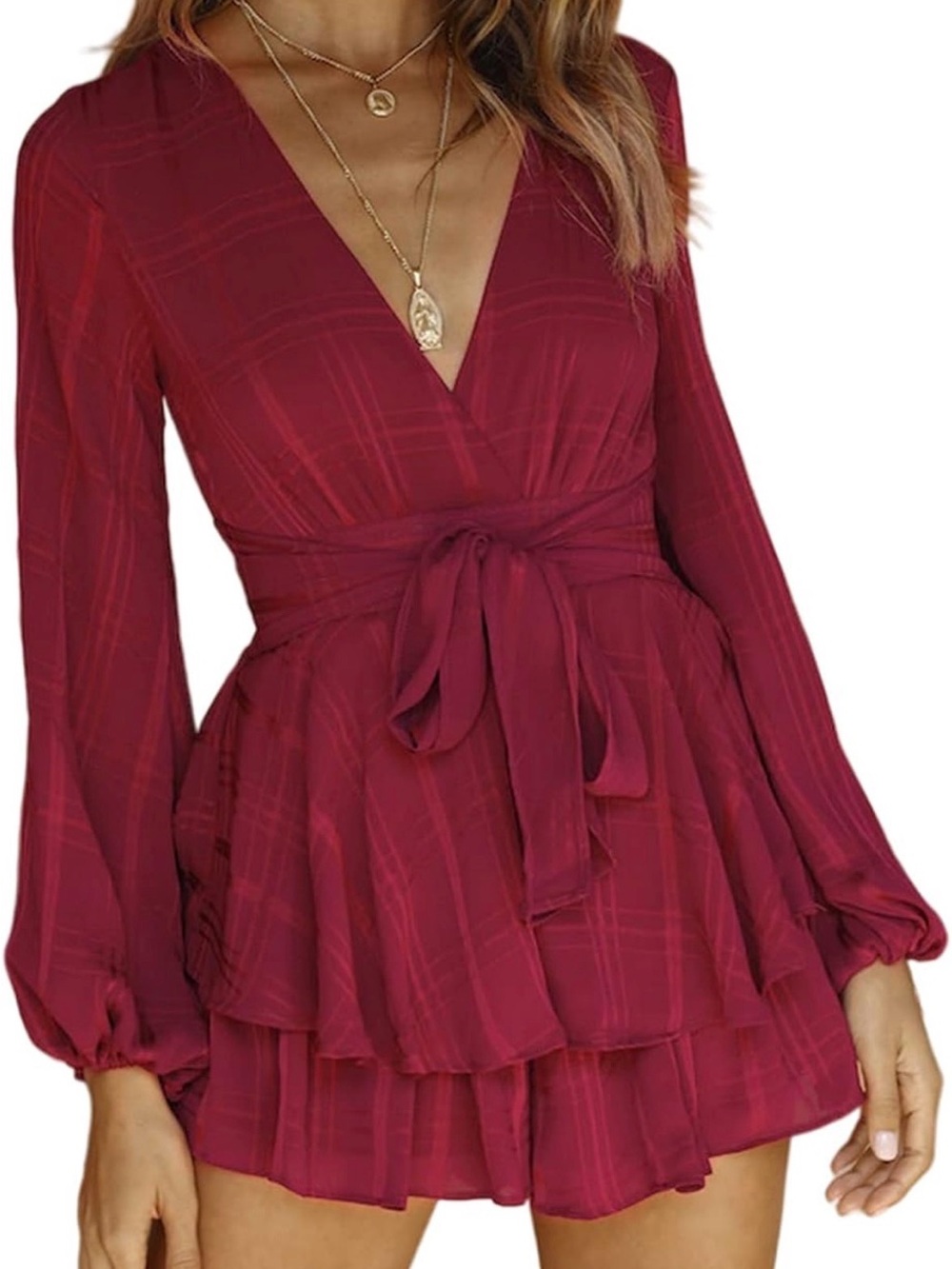 Women's Deep Red V-Neck Tiered Long-Sleeve Dress